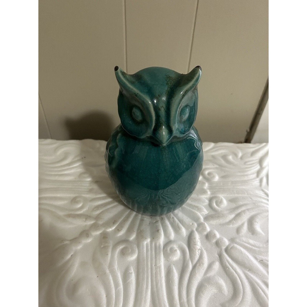 Teal Ceramic Owl Large 9” Tall Aged Look Decor